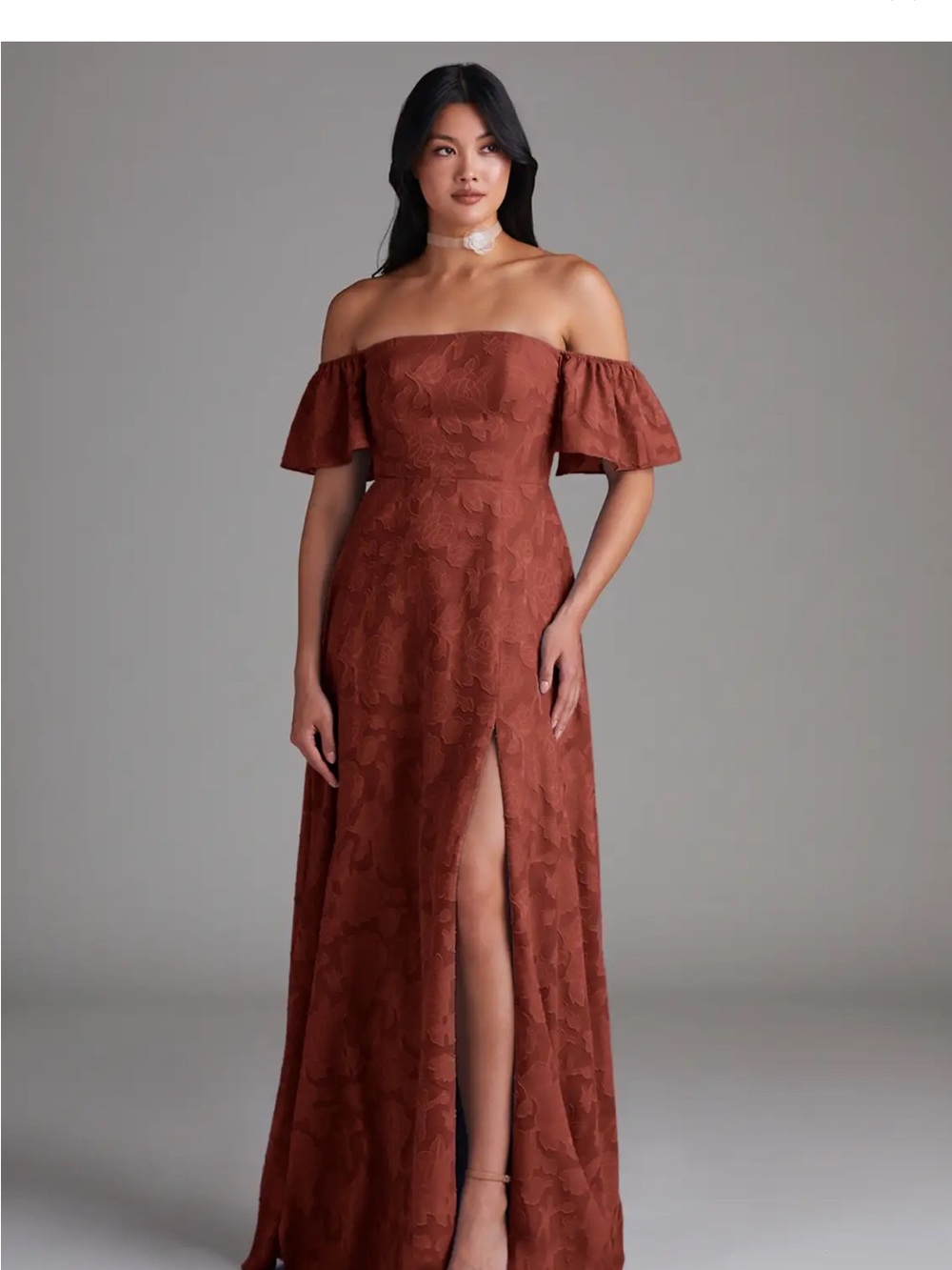 Azazie Off-Shoulder Rust Floral Jacquard Gown with Front Slit